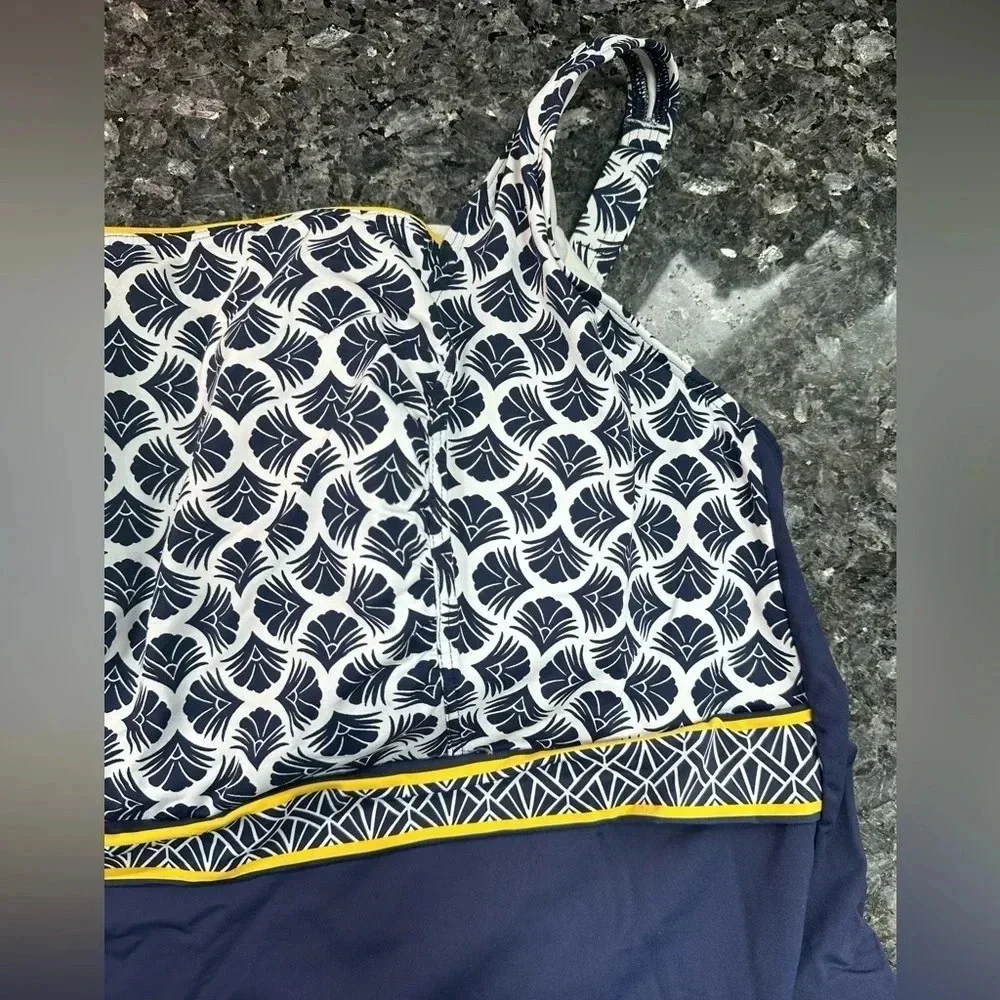 Lands End Navy Yellow Mix Square Neck Underwire Tankini Swim Top Plus Size 24W